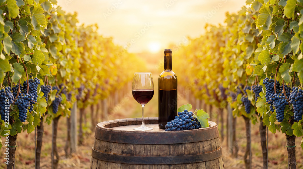 Fototapeta premium Glass of red wine and a bottle of wine stand on an old oak barrel against the backdrop of vineyards in the evening sunset.