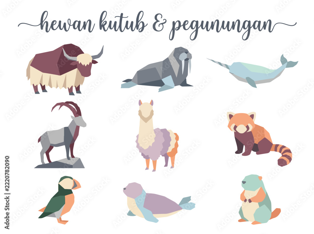 Fototapeta premium Collection of various polar and mountain animals in a flat vector illustration style.
