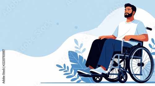 Young bearded man sits in wheelchair looking forward. Disabled person uses mobility aid in modern style. Illustration shows confident man with physical disability. Concept of independence,