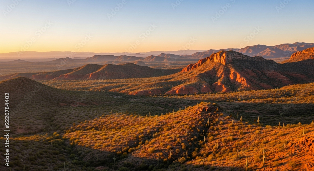 Naklejka premium Golden sunlight illuminates the vast Sonoran desert landscape during the peaceful dusk hours while rugged peaks and distant mesas create an expansive view across the arid terrain of Arizona