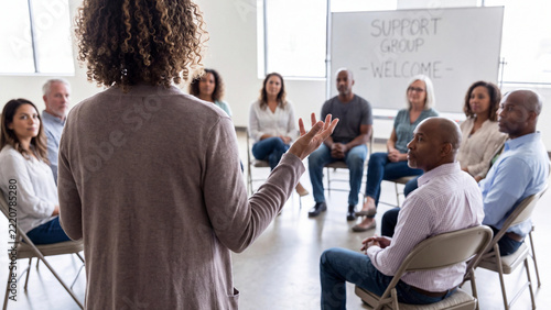 Support group meeting with people sitting in circle for group therapy, community discussion, mental health counseling, peer support, recovery session, and emotional sharing