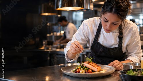 Female chef in black apron carefully plating seared salmon dish with garnish in dark professional restaurant kitchen