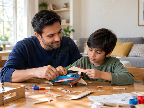Father and son building a model craft together with wooden pieces and tools at table in bright living room at home