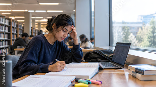 Tired young woman student studying in university library with hand on head, open notebook, laptop and highlighters