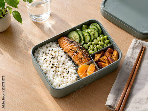 Japanese bento lunch box with grilled salmon, sesame rice, cucumber and edamame beside chopsticks on wooden table