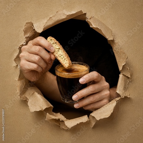 Hand dipping biscotti into dark espresso coffee framed by ripped paper