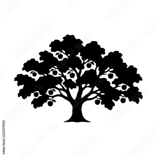 Apple Fruit Tree Silhouette with Hanging Apples and Branches, Black Vector Illustration