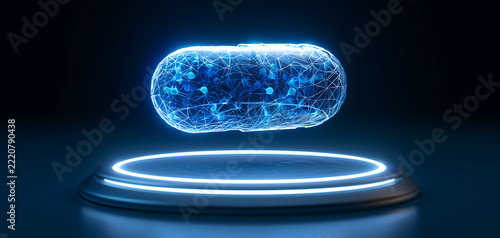 Futuristic glowing network capsule floating on illuminated platform in dark space with evoking futuristic high tech ambiance intricate internal connections