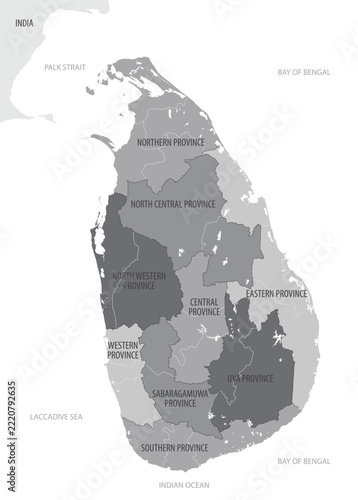 Obraz na plátně detailed monochrome gray map sri lanka with provincial divisions and regional bo