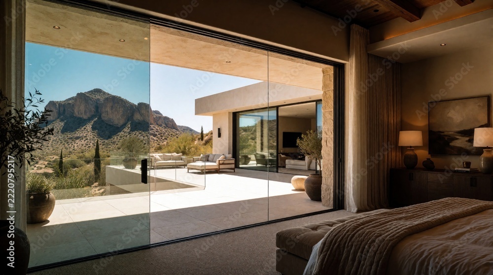 Fototapeta premium Modern master bedroom features large sliding glass doors opening to private balcony. Luxury residence offers seamless indoor outdoor living with mountain view. Sunny terrace with patio furniture
