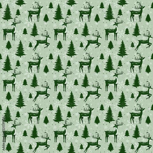Seamless christmas pattern with green reindeer and pine trees on
