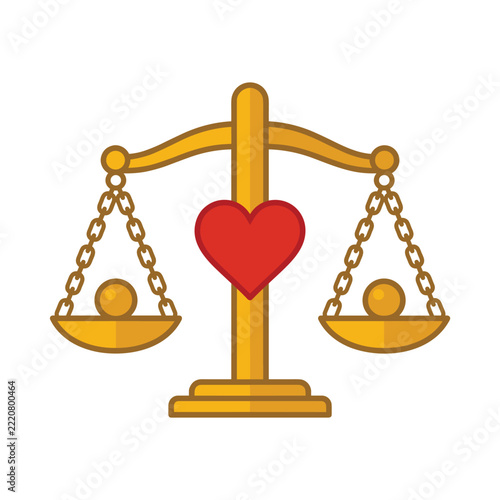 Golden balance scale with heart symbol representing justice and love in legal concept art
