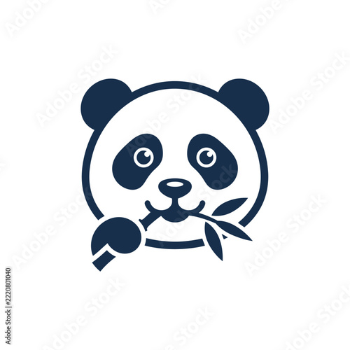 Minimalist panda face icon eating bamboo shoot isolated on white background flat graphic