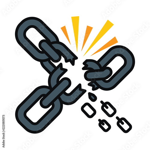 Broken metal chain links representing freedom and liberation concept on white background as