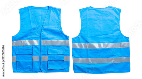 Fotografie Bright blue high visibility safety vest with reflective silver stripes and pocke