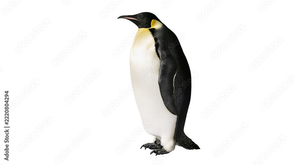 Fototapeta premium Emperor penguin standing upright with black and white feathers and yellow neck