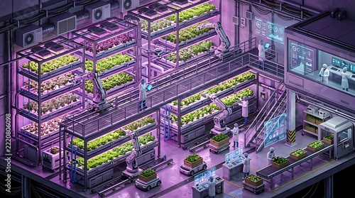 High-tech indoor vertical farm with automated hydroponic systems, robotic assistance, and scientific experts ensuring sustainable food production