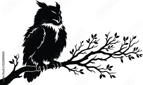 Black and white vector silhouette of an owl perched on a tree branch with leaves