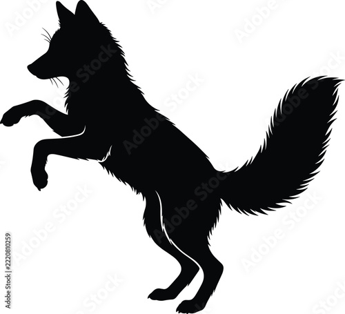 Black silhouette of a wild fox jumping or standing on hind legs vector illustration