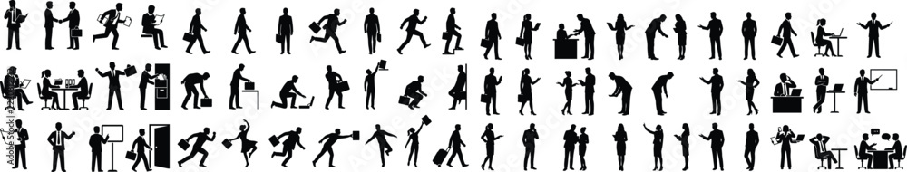 Obraz premium Business People Silhouette Collection, Office Workers and Corporate Professional Activities Black Vector Icon Set