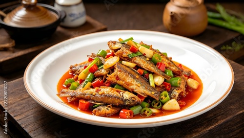 Gannan Stir Fried Fish in Styled Food Photography Setting, Popular Southern Jiangxi Dish