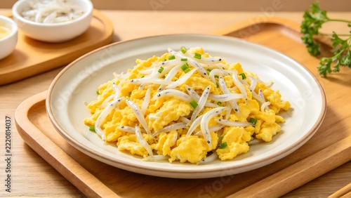 Poyang Lake Silver Fish with Scrambled Egg in Styled Food Photography Setting, Signature Jiangxi Lake Dish