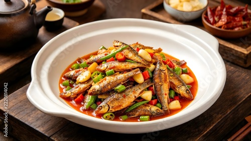Gannan Stir Fried Fish in Styled Food Photography Setting, Popular Southern Jiangxi Dish