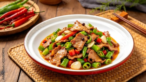 Pingxiang Stir Fried Pork in Styled Food Photography Setting, Spicy Jiangxi Regional Dish