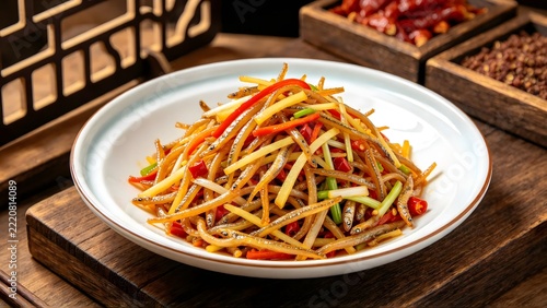 Xingguo Shredded Fish in Styled Food Photography Setting, Traditional Jiangxi Specialty