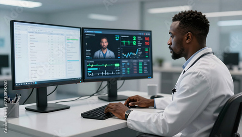 Male Physician Analyzing Real Time Remote Patient Monitoring Data on Screens