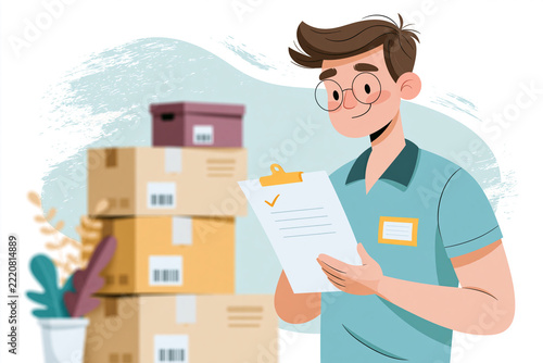 Young man checks delivery boxes with a clipboard. He wears glasses and a name tag. He smiles as he reviews documents. Stacked boxes behind him show shipment work. Ideal for logistics, delivery