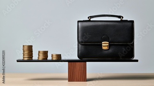 Balancing Briefcase and Coins on Seesaw for Business Concept
