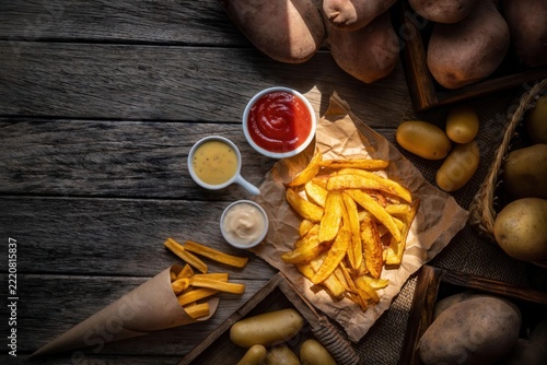 Crispy Potato Delights: Golden French fries are served with a trio of delicious dipping sauces - ketchup, mustard, and mayonnaise - alongside fresh potatoes, presented on a rustic wooden surface.