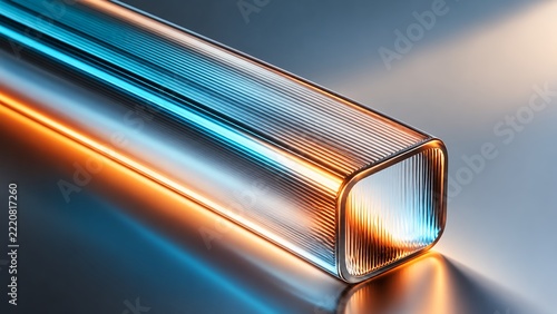 Abstract rectangular glass tube illuminated with blue and orange neon light