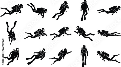 Scuba Diver Underwater Diving Silhouette Icon Set