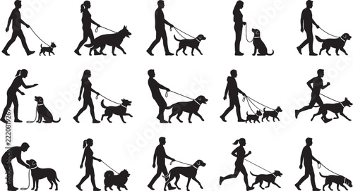 Dog Walking People and Pets Silhouette Collection