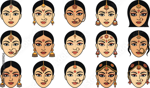 Indian Bridal Face and Traditional Jewelry Color Illustration Set