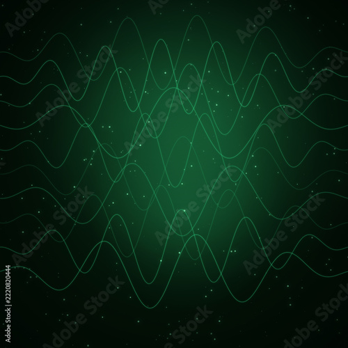Abstract green digital wave lines and glowing particles forming a futuristic waveform background