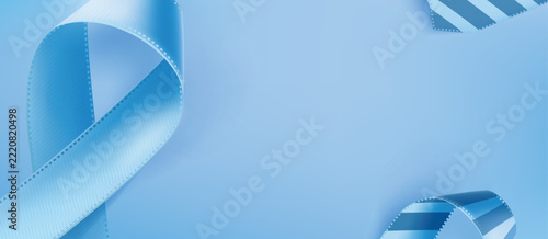 A light blue abstract background featuring flowing, ribbon-like film strips in varying shades of blue. Prostate cancer awareness ribbon background.