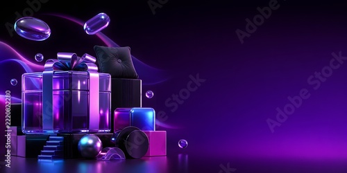 3D glass gift box display background with luxury podiums and purple neon lighting