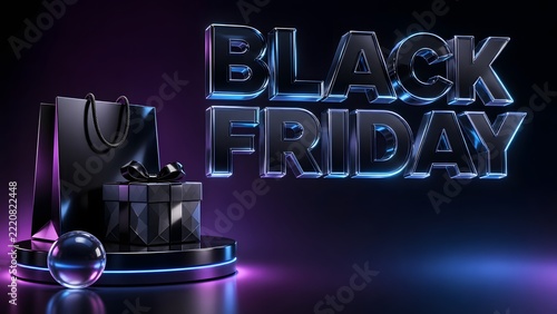 Black Friday podium display with black shopping bag and gift box