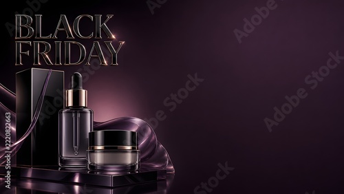 Black Friday luxury skincare cosmetics background with serum dropper bottle and cream jar