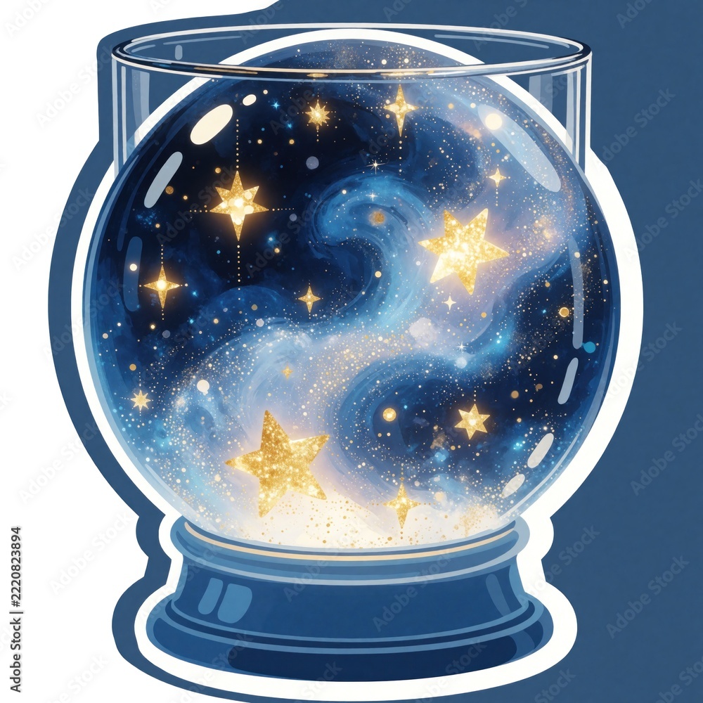 Fototapeta premium Magical glass sphere contains swirling blue galaxy, glowing gold stars. Cosmic nebula with bright stardust inside crystal ball on dark background. Fantasy space universe object with twinkling light