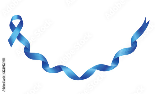 A stylized blue awareness ribbon forming a wide curved arc, featuring a smooth gradient from light cyan and sky blue to deep blue, with a clean white background. The ribbon has flowing, three-dimensio