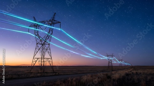 High voltage electricity transmission towers with glowing blue power lines against a starry night sky in a rural landscape