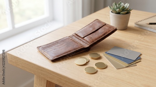 Open leather wallet with blank bank cards and gold coins on desk