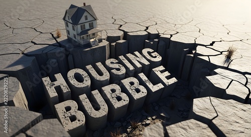 The housing bubble bursts with a single house on the edge of a giant crack for the concept of economic recession.