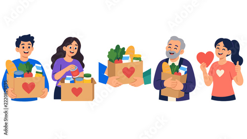 People holding heart-marked grocery boxes for community food aid