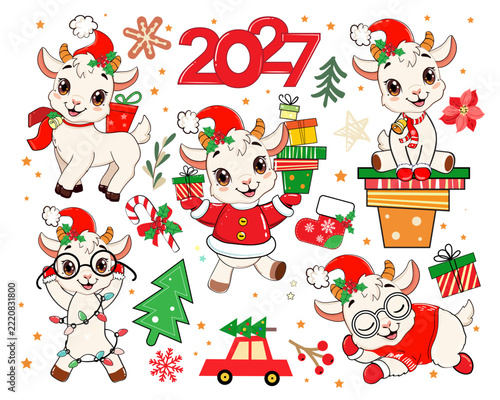 Christmas set with cute cartoon goats. Chinese symbol of the year 2027 vector illustration on a white background