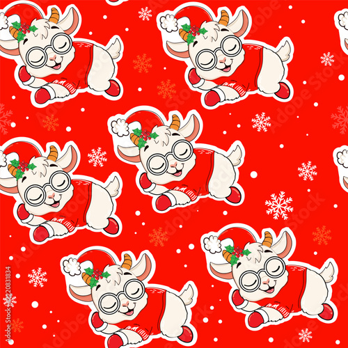 Cartoon goat the symbol of the year 2027 on a red background seamless pattern. Chinese symbol. Zodiac animals